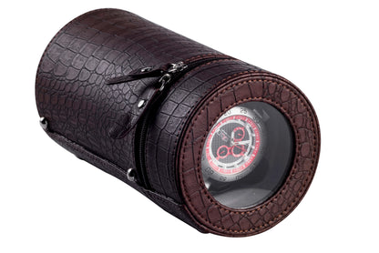 Brown Rocket travel winder in crocodile faux leather with transparent window for an automatic watch.