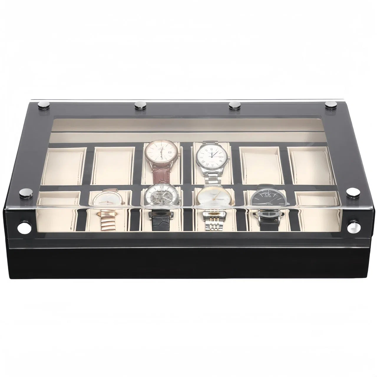 Spacious Checkered Watch Box with Transparent Lid-4-Le Remontoir
