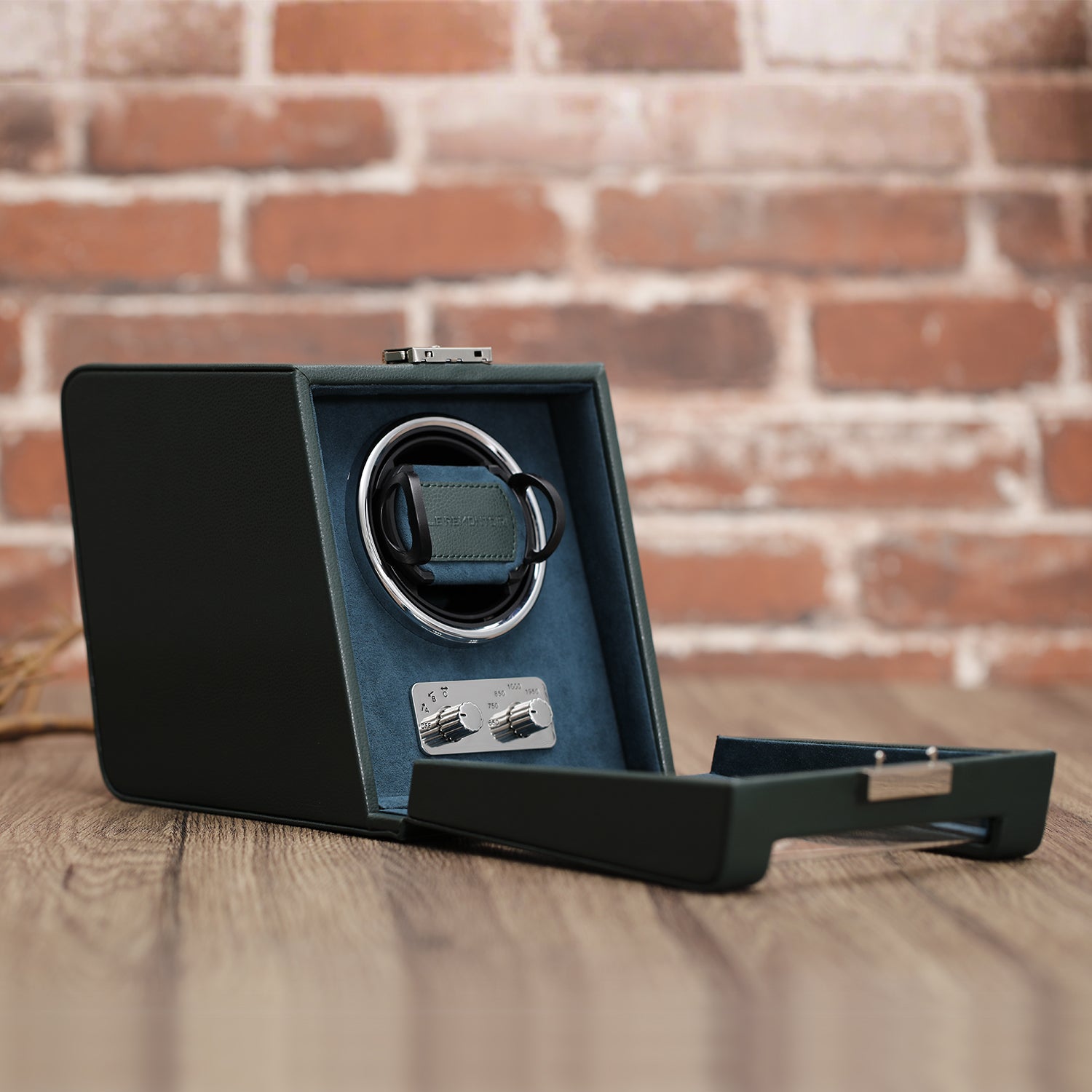 Open Side View – Green Sofa Cube Watch Winder – Le Remontoir