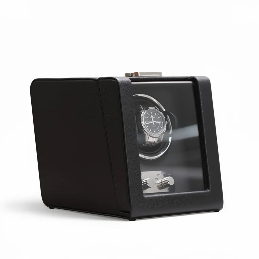 Cube Sofa Black watch winder in grained black leather with an automatic watch, modern inclined design and suedette interior.