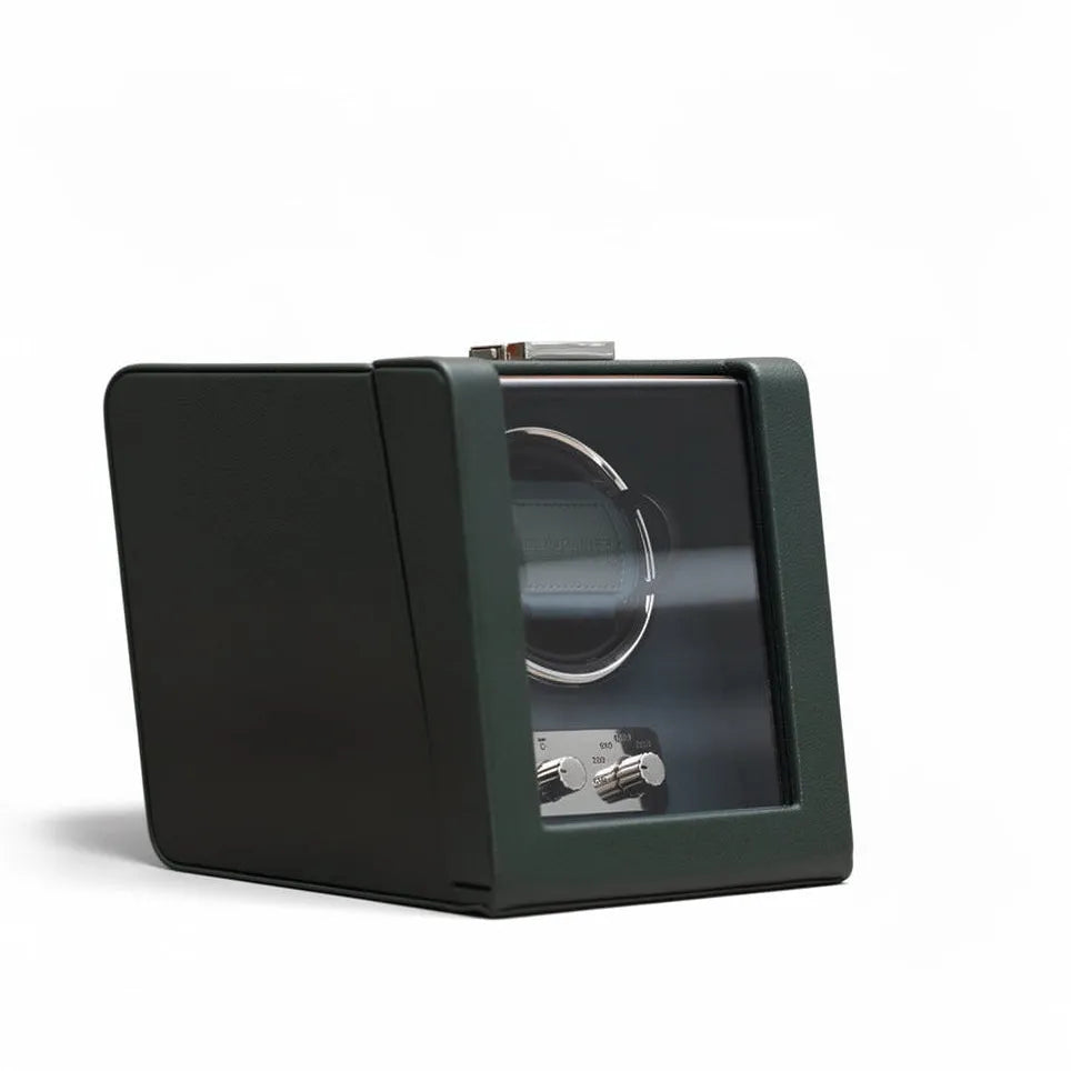 Cube Sofa Green watch winder in textured leather with suedette interior and modern inclined design.