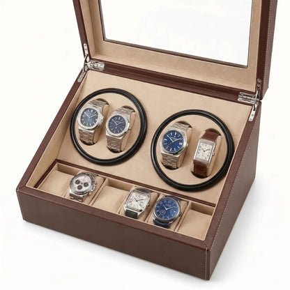 Brown leather watch winder with glass lid, 4 automatic rotors and 6 beige interior storage slots.