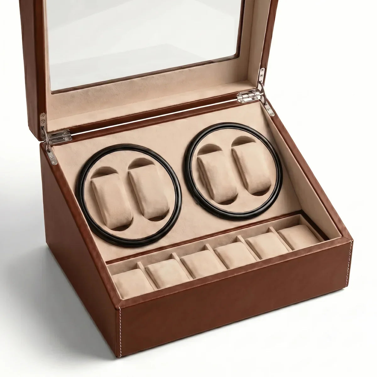 Brown leather watch winder with 4 automatic rotors, 6 fixed storage slots and glass lid over a beige suede interior.