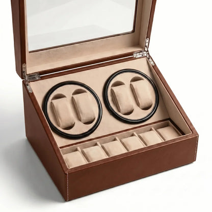 Brown leather watch winder with 4 automatic rotors, 6 fixed storage slots and glass lid over a beige suede interior.