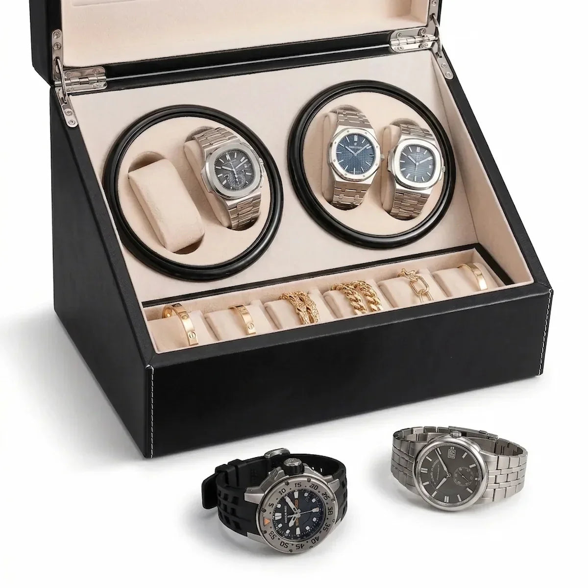 Black leather watch winder with 4 automatic rotors, 6 jewellery storage slots and elegant beige suede interior.