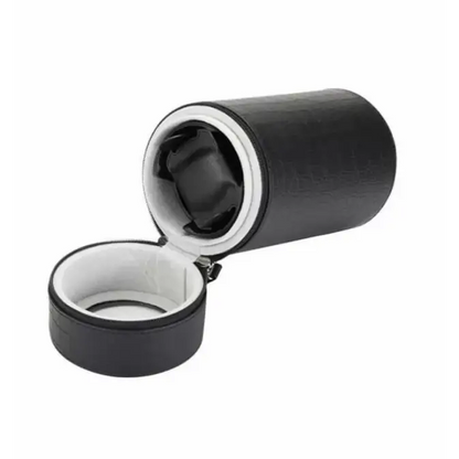 Black Rocket travel winder in crocodile-effect faux leather with grey suede interior for an automatic watch.