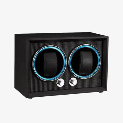 Black double watch winder for two automatic watches with blue LED lighting, wood finish and premium flannel interior.