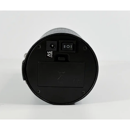 Black base of the Rocket watch winder with 5V power port, control switch and battery compartment.