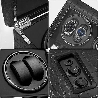 Roche Noire watch winder in crackled black PU leather with 4 rotating slots and 6 storage compartments for automatic watches.