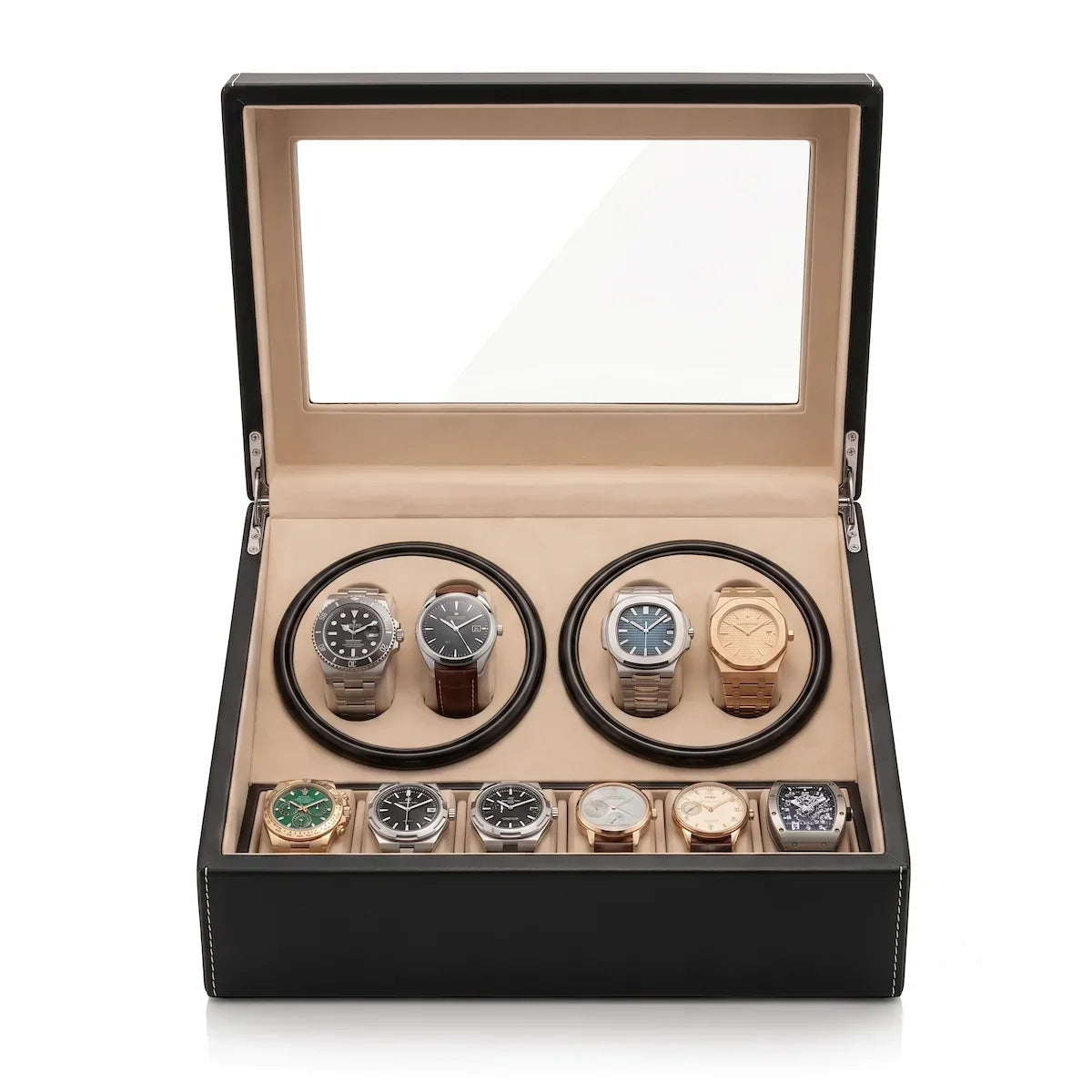 Black leather winder box with 4 rotors, 6 storage slots and glass lid over a beige interior.