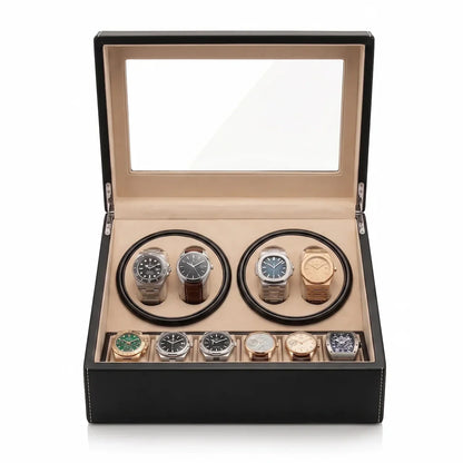 Black leather winder box with 4 rotors, 6 storage slots and glass lid over a beige interior.