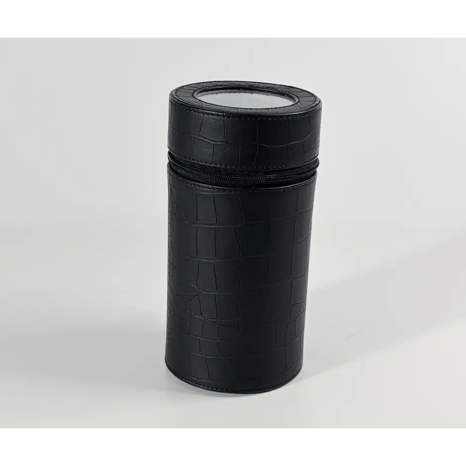 Cylindrical black Rocket travel winder in crocodile-effect faux leather with zip fastening and top window.