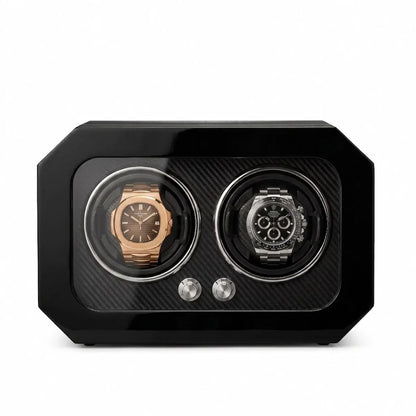 Black carbon fibre watch winder for two watches with a glass front and rotary control knobs.