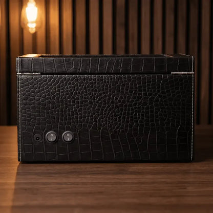 Roche Noire watch winder in crackled black PU leather with two switches, elegant and compact design.