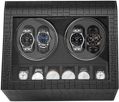 Roche Noire automatic winder in crackled black PU leather with 4 rotating slots and 6 storage compartments for watches.