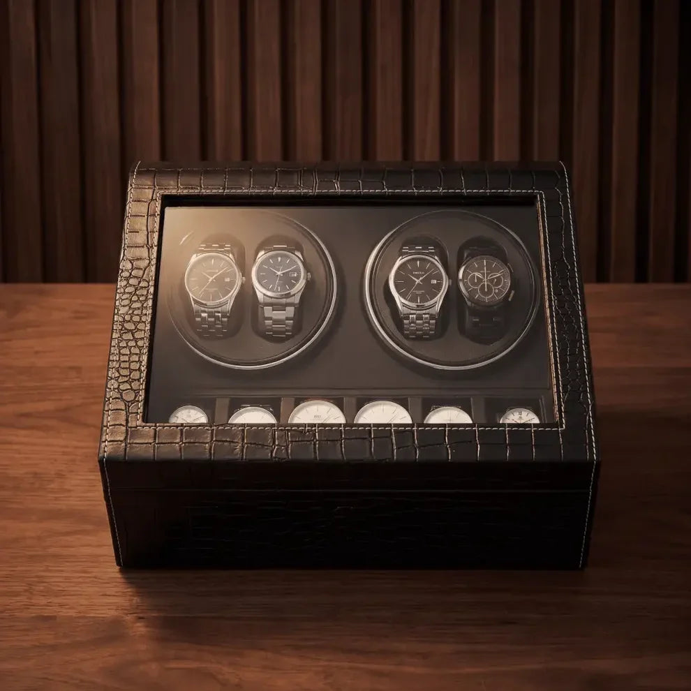Roche Noire watch winder in crackled black PU leather with 4 rotating slots and 6 additional storage compartments.