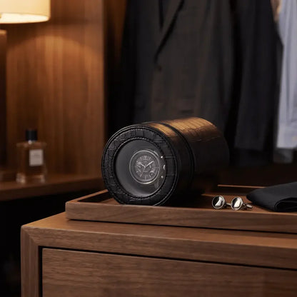 Black Rocket travel winder in crocodile-effect faux leather with automatic watch, set on a wooden tray.