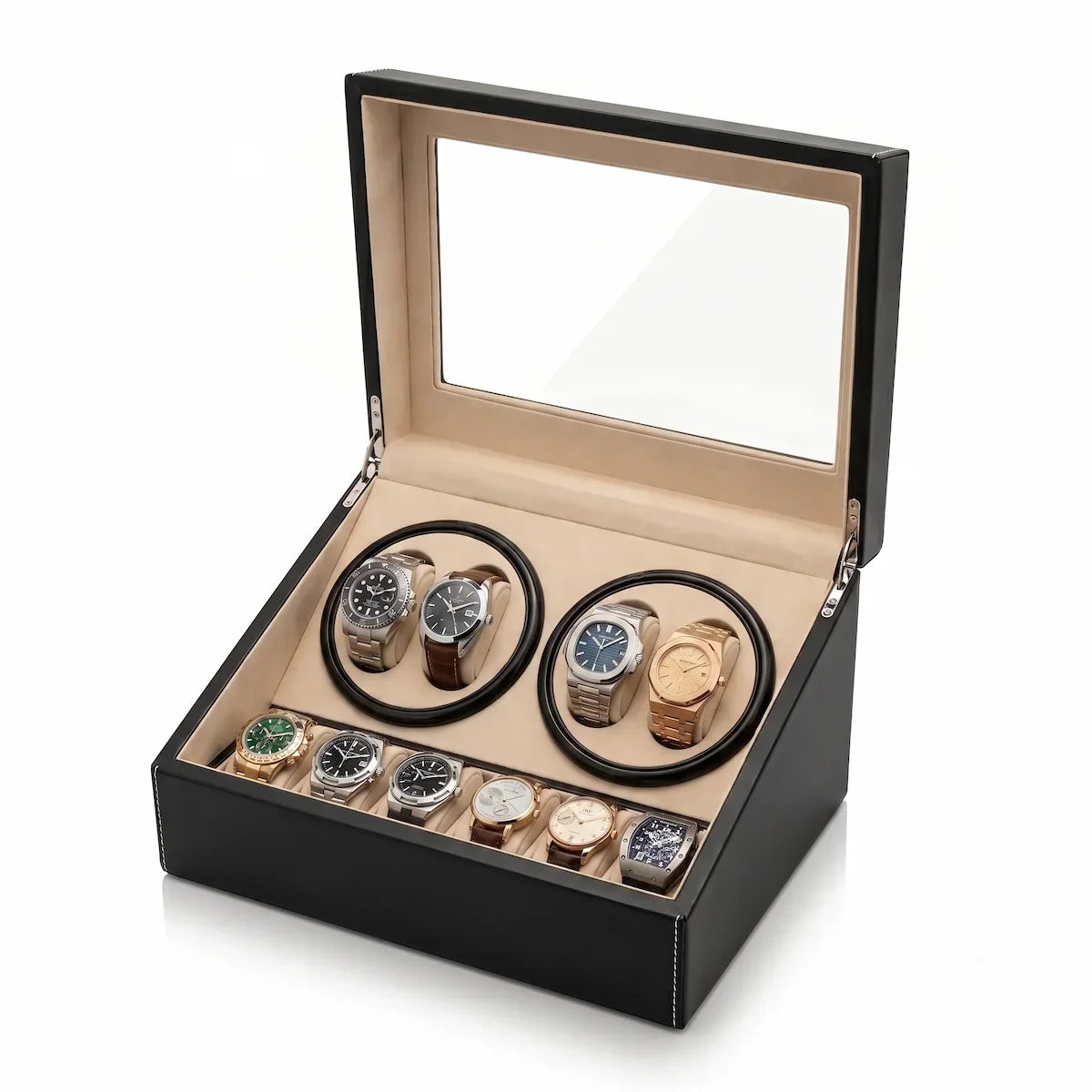 Black leather winder box with glass lid, 4 rotors for automatic watches and 6 beige storage slots.
