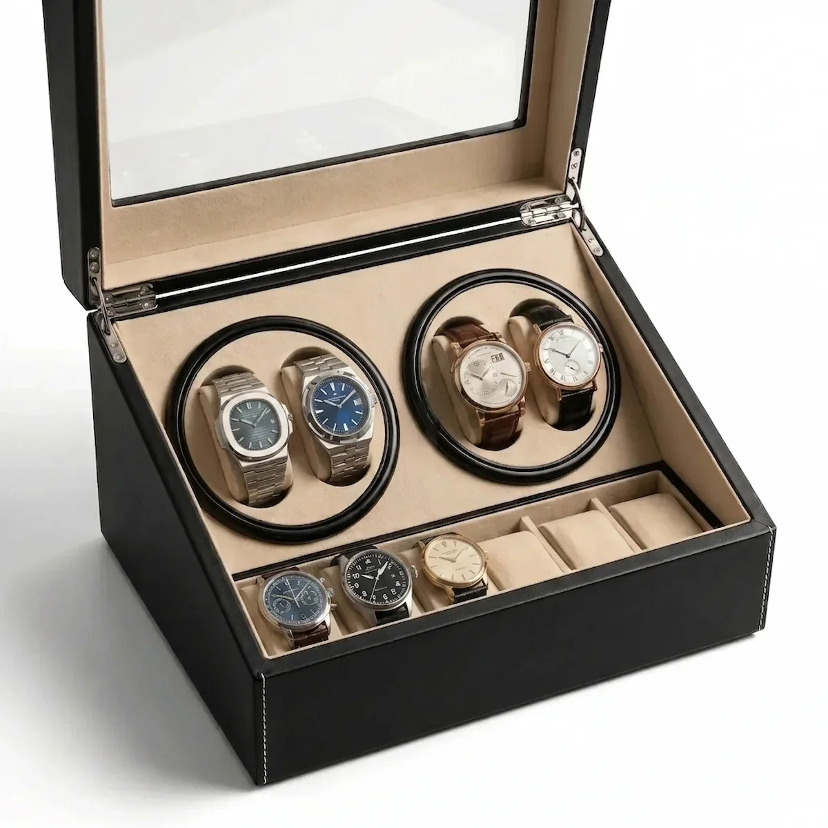 Black leather winder box with glass lid, 4 motorised slots and 6 beige storage compartments.