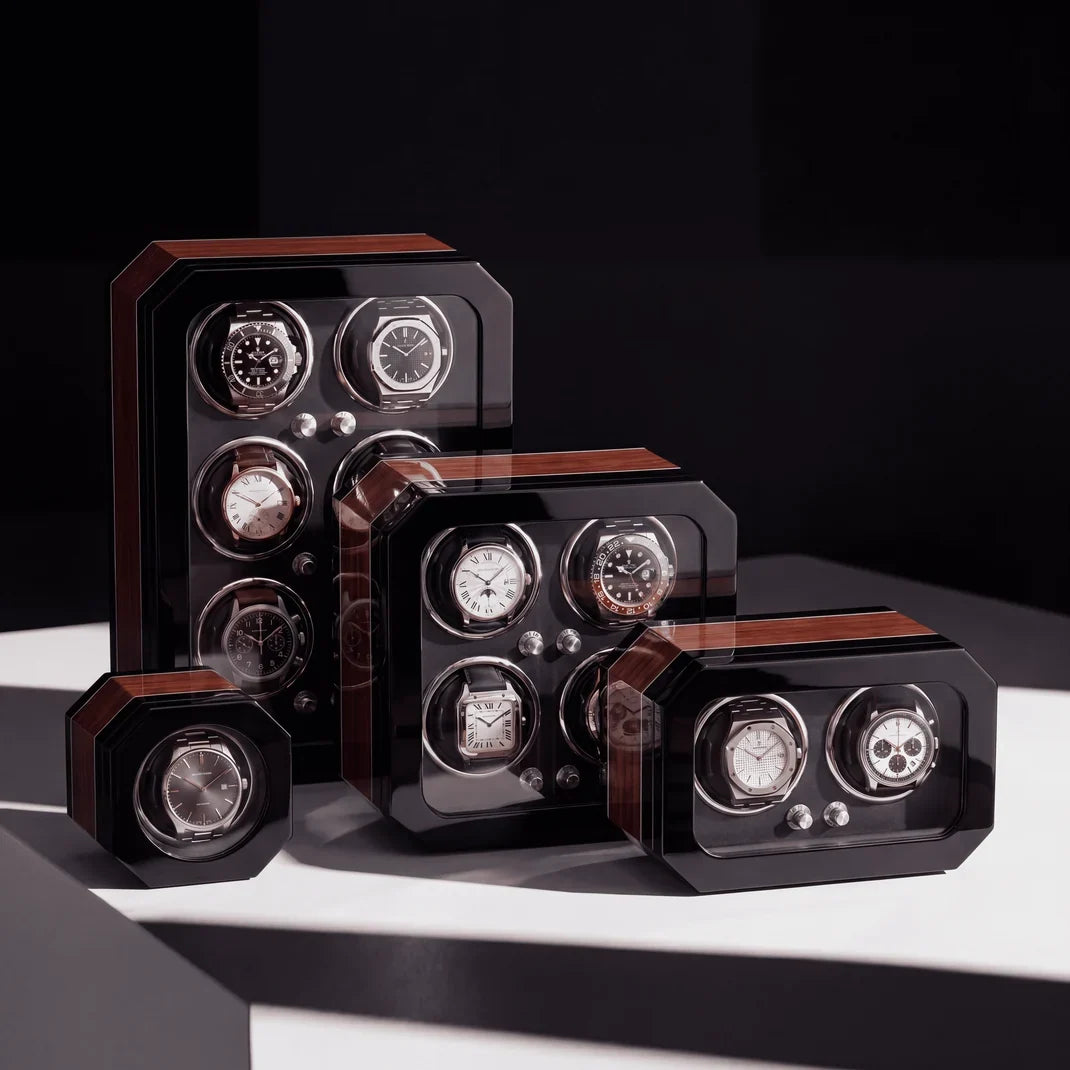 Watch winder in wood and black carbon fibre, elegant design with LED lighting for 2 automatic watches.